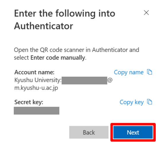 Enter the following into Authenticator