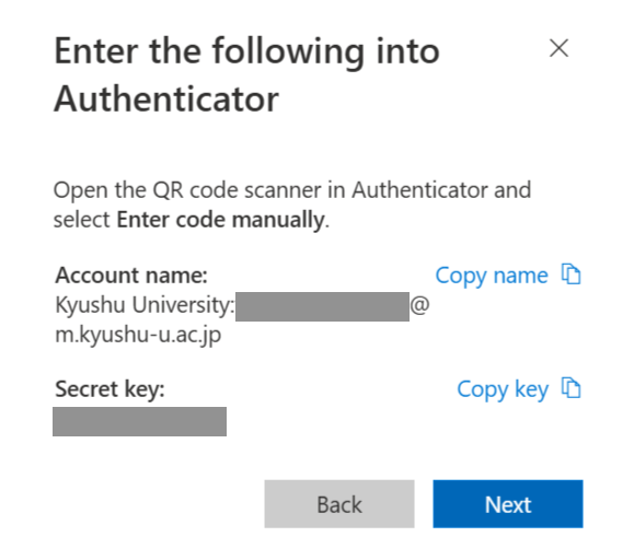Enter the following into Authenticator